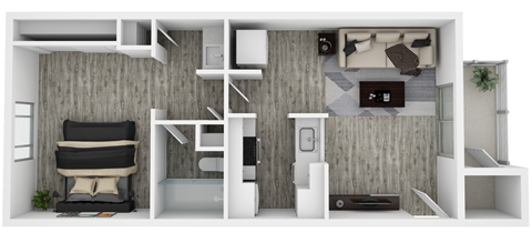 Floor plan for 1 bed, 1 bath, 611 sqft